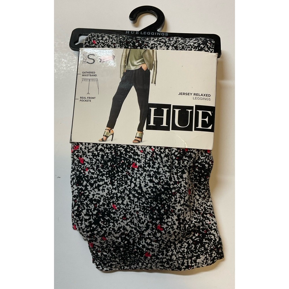 NIP Women's HUE Jersey Relaxed Gathered Waist Leggings Black White - Small (4-6)